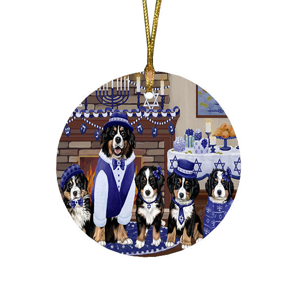 Happy Hanukkah Family and Happy Hanukkah Both Bernese Mountain Dogs Round Flat Christmas Ornament RFPOR57498
