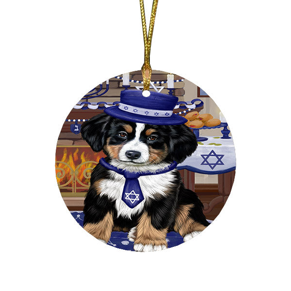 Happy Hanukkah Family and Happy Hanukkah Both Bernese Mountain Dog Round Flat Christmas Ornament RFPOR57554