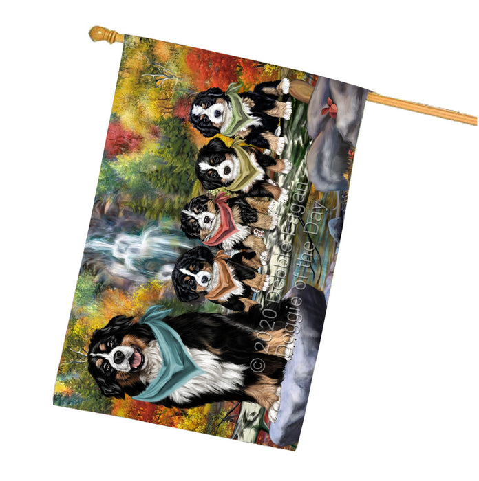 Scenic Waterfall Bernese Mountain Dogs House Flag Outdoor Decorative Double Sided Pet Portrait Weather Resistant Premium Quality Animal Printed Home Decorative Flags 100% Polyester
