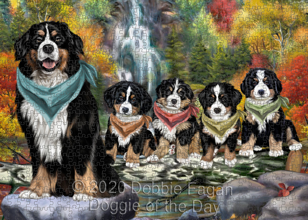 Scenic Waterfall Bernese Mountain Dogs Portrait Jigsaw Puzzle for Adults Animal Interlocking Puzzle Game Unique Gift for Dog Lover's with Metal Tin Box