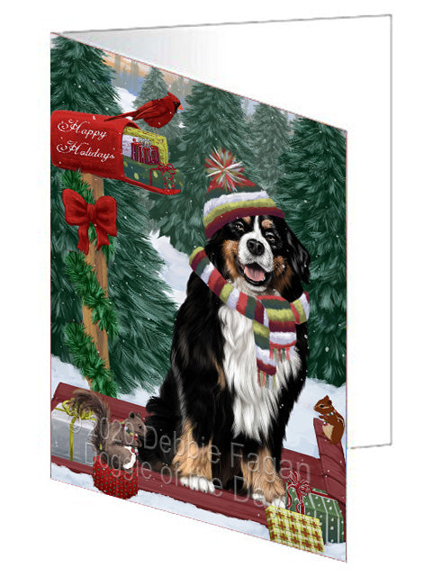 Christmas Woodland Sled Bernese Mountain Dog Handmade Artwork Assorted Pets Greeting Cards and Note Cards with Envelopes for All Occasions and Holiday Seasons