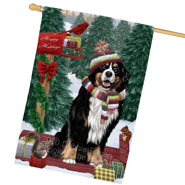 Christmas Woodland Sled Bernese Mountain Dog House Flag Outdoor Decorative Double Sided Pet Portrait Weather Resistant Premium Quality Animal Printed Home Decorative Flags 100% Polyester FLG69553