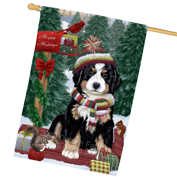 Christmas Woodland Sled Bernese Mountain Dog House Flag Outdoor Decorative Double Sided Pet Portrait Weather Resistant Premium Quality Animal Printed Home Decorative Flags 100% Polyester FLG69554