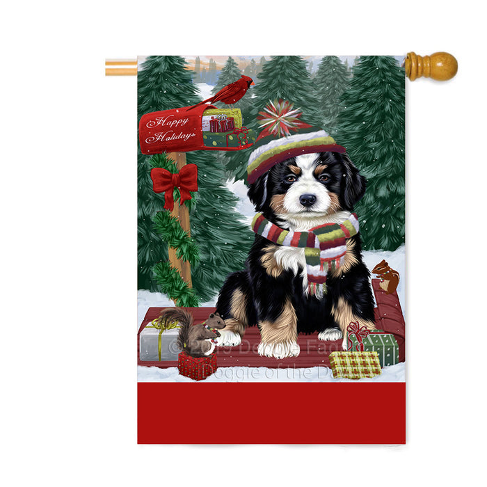 Personalized Merry Christmas Woodland Sled Bernese Mountain Dog Custom House Flag FLG-DOTD-A61559