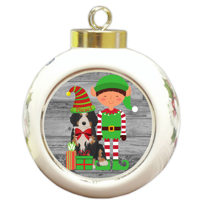 Custom Personalized Bernese Mountain Dog Elfie and Presents Christmas Round Ball Ornament