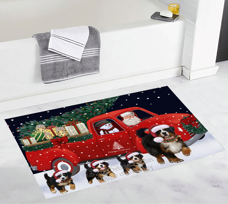 Christmas Express Delivery Red Truck Running Bernese Mountain Dogs Bath Mat BRUG53437