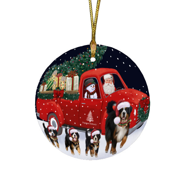 Christmas Express Delivery Red Truck Running Bernese Mountain Dogs Round Flat Christmas Ornament RFPOR57727
