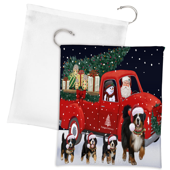 Christmas Express Delivery Red Truck Running Bernese Mountain Dogs Drawstring Laundry or Gift Bag LGB48878