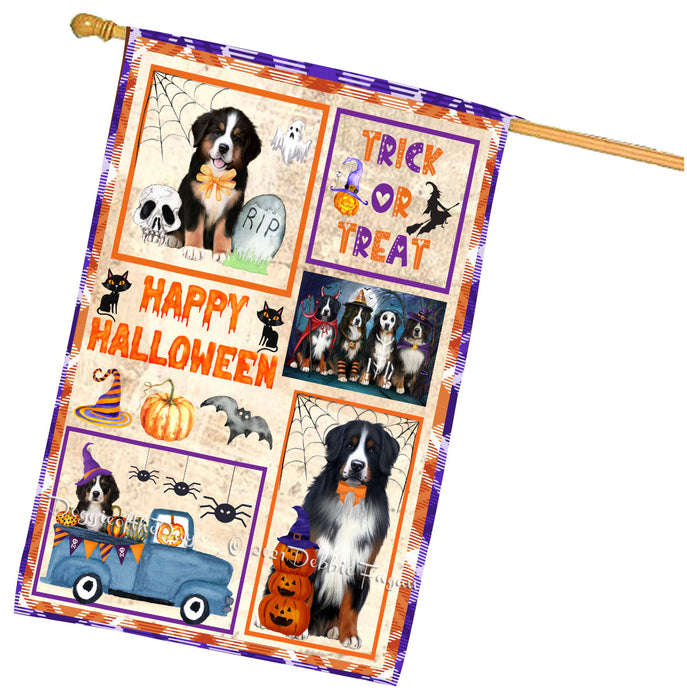 Happy Halloween Trick or Treat Bernese Mountain Dogs House Flag Outdoor Decorative Double Sided Pet Portrait Weather Resistant Premium Quality Animal Printed Home Decorative Flags 100% Polyester