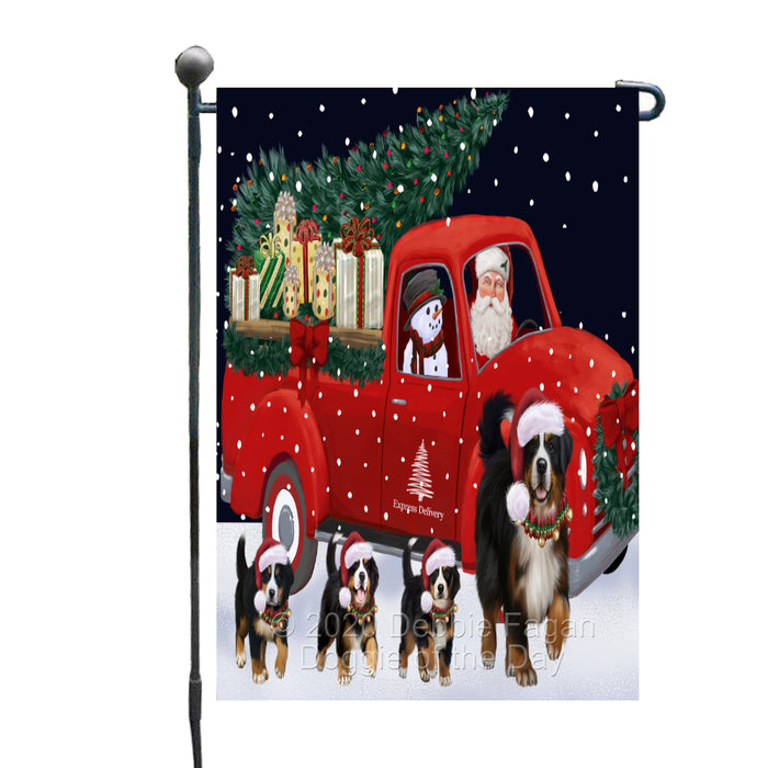 Christmas Express Delivery Red Truck Running Bernese Mountain Dogs Garden Flag GFLG66442
