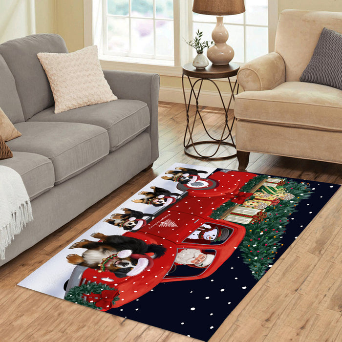 Christmas Express Delivery Red Truck Running Bernese Mountain Dogs Polyester Area Rug ARUG62750