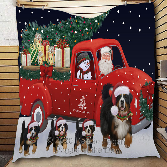 Christmas Express Delivery Red Truck Running Bernese Mountain Dogs Lightweight Soft Bedspread Coverlet Bedding Quilt QUILT59796