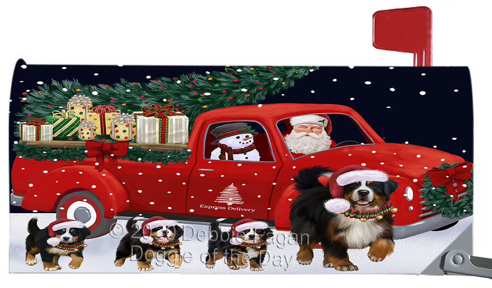 Christmas Express Delivery Red Truck Running Bernese Mountain Dog Magnetic Mailbox Cover Both Sides Pet Theme Printed Decorative Letter Box Wrap Case Postbox Thick Magnetic Vinyl Material