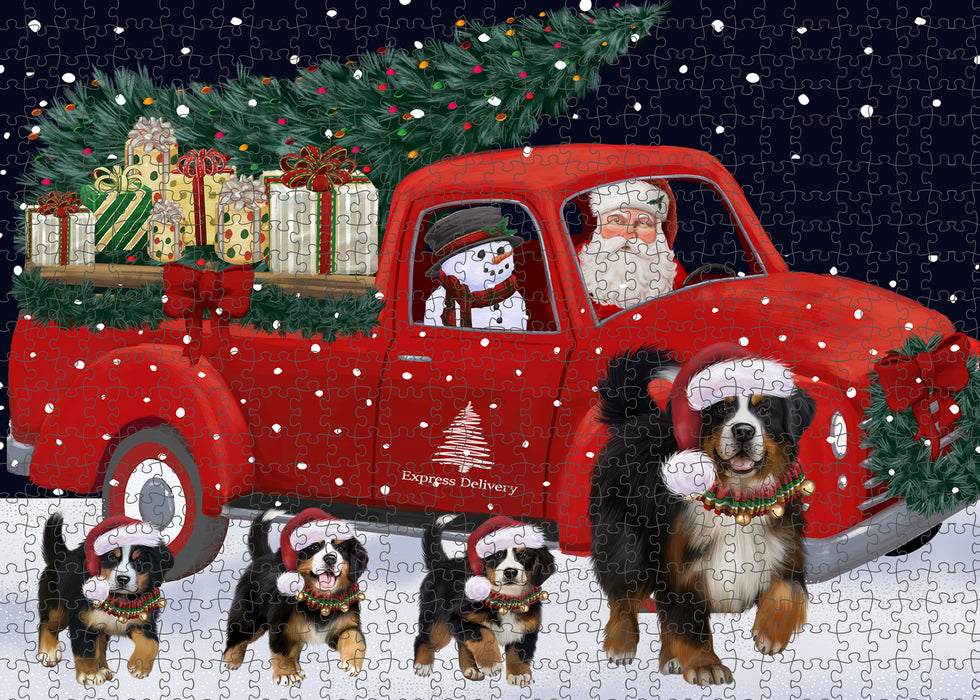 Christmas Express Delivery Red Truck Running Bernese Mountain Dogs Puzzle with Photo Tin PUZL99608