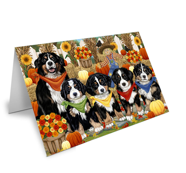 Fall Festive Gathering Bernese Mountain Dogs with Pumpkins Handmade Artwork Assorted Pets Greeting Cards and Note Cards with Envelopes for All Occasions and Holiday Seasons GCD55901