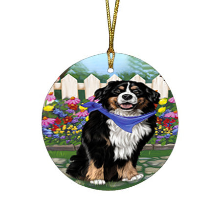 Spring Floral Bernese Mountain Dog Round Flat Christmas Ornament RFPOR49780