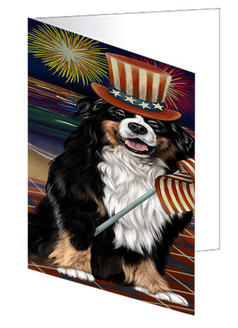 4th of July Independence Day Firework Bernese Mountain Dog Handmade Artwork Assorted Pets Greeting Cards and Note Cards with Envelopes for All Occasions and Holiday Seasons GCD52835