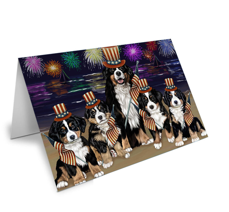 4th of July Independence Day Firework Bernese Mountain Dogs Handmade Artwork Assorted Pets Greeting Cards and Note Cards with Envelopes for All Occasions and Holiday Seasons GCD52838