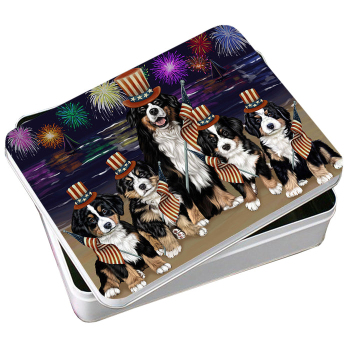 4th of July Independence Day Firework Bernese Mountain Dogs Photo Storage Tin PITN49603