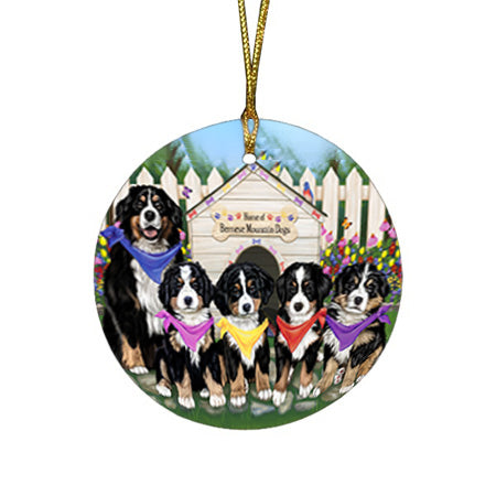 Spring Dog House Bernese Mountain Dogs Round Flat Christmas Ornament RFPOR49781