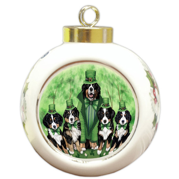 St. Patricks Day Irish Family Portrait Bernese Mountain Dogs Round Ball Christmas Ornament RBPOR49322