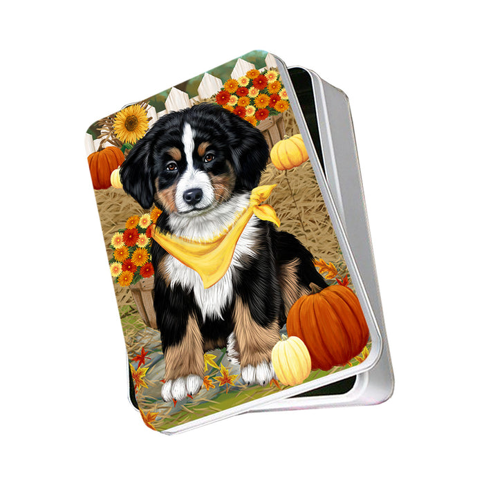 Fall Autumn Greeting Bernese Mountain Dog with Pumpkins Photo Storage Tin PITN50686