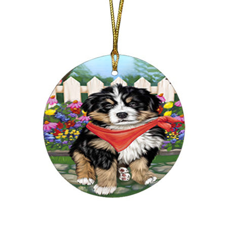 Spring Floral Bernese Mountain Dog Round Flat Christmas Ornament RFPOR49782
