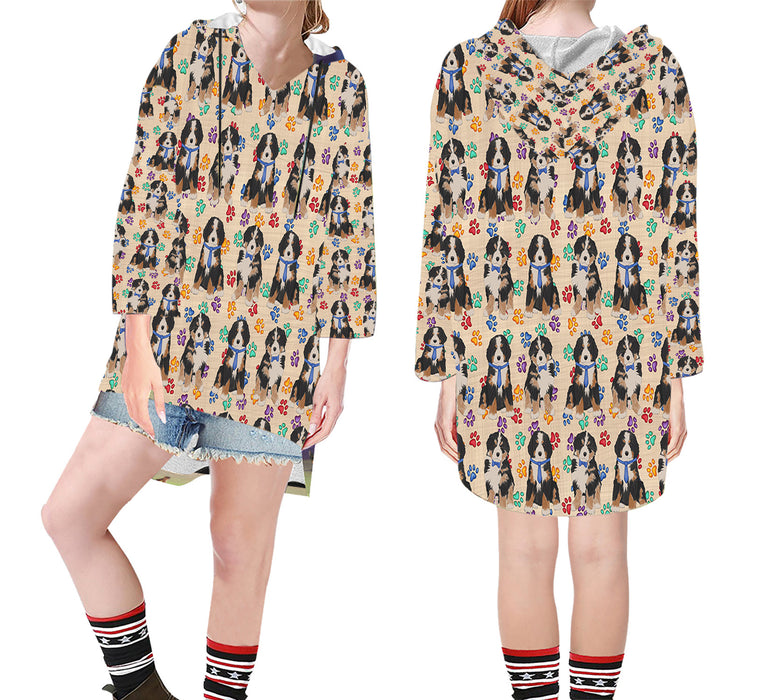 Rainbow Paw Print Bernese Mountain Dogs Blue Step Hem Women's Hoodie