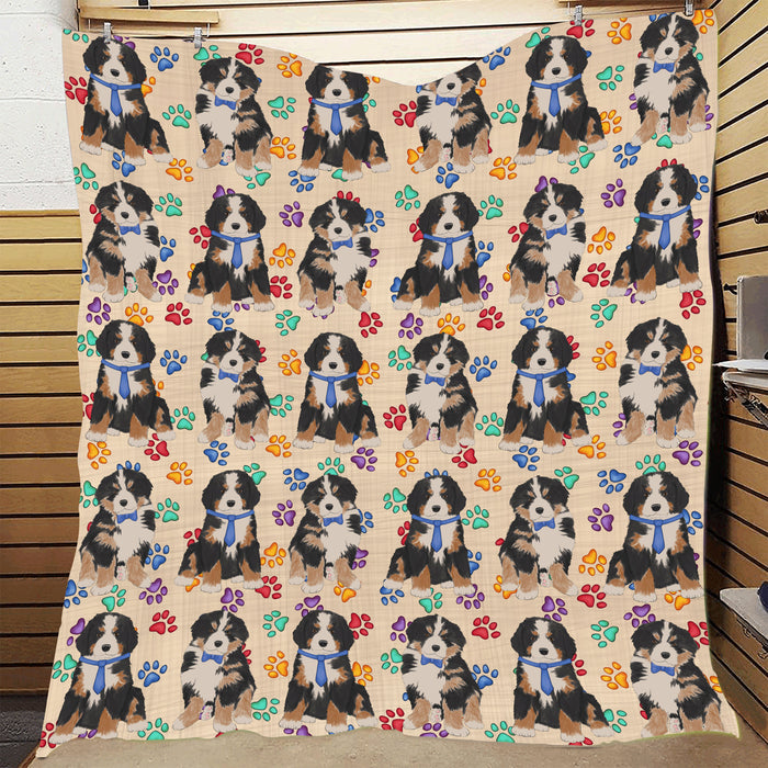 Rainbow Paw Print Bernese Mountain Dogs Blue Quilt