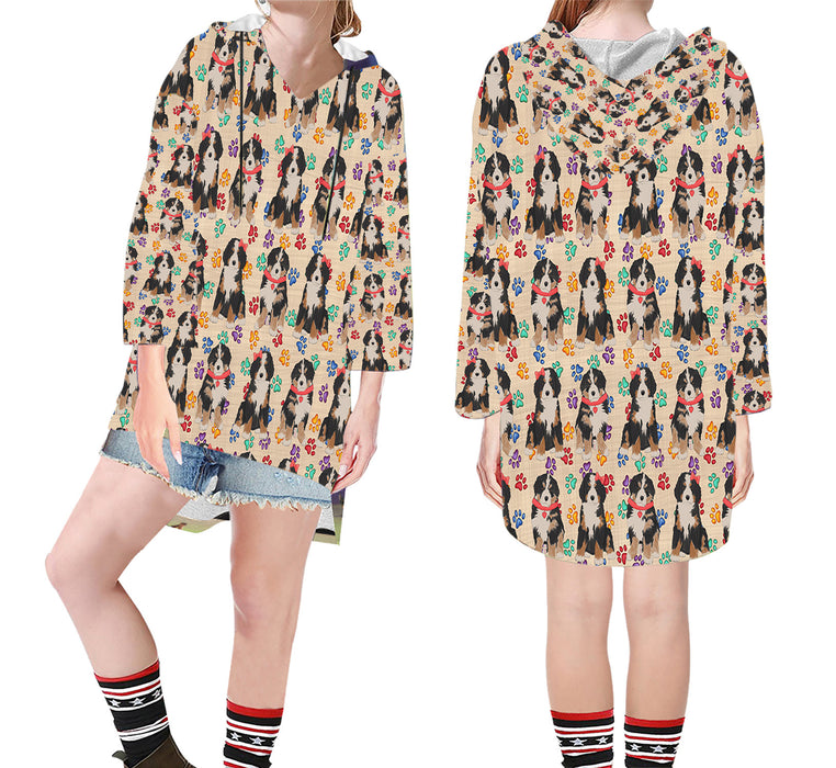Rainbow Paw Print Bernese Mountain Dogs Red Step Hem Women's Hoodie
