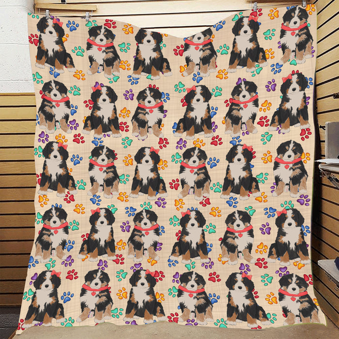 Rainbow Paw Print Bernese Mountain Dogs Red Quilt