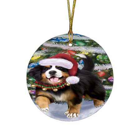 Trotting in the Snow Bernese Mountain Dog Round Flat Christmas Ornament RFPOR55772