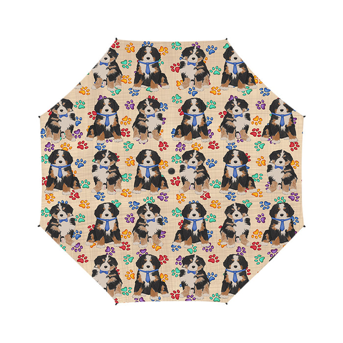 Rainbow Paw Print Bernese Mountain Dogs Blue Semi-Automatic Foldable Umbrella