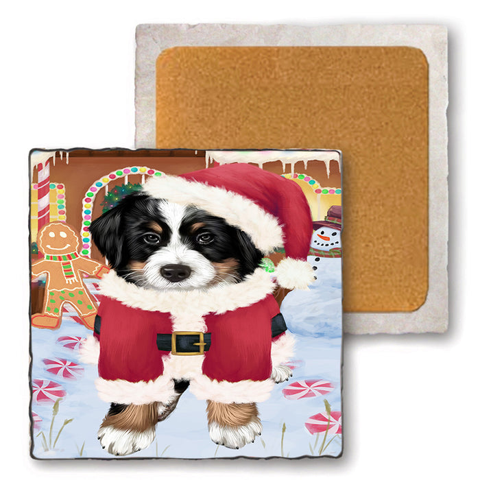 Christmas Gingerbread House Candyfest Bernese Mountain Dog Set of 4 Natural Stone Marble Tile Coasters MCST51179