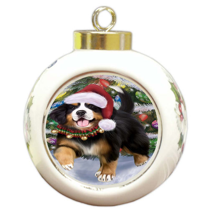 Trotting in the Snow Bernese Mountain Dog Round Ball Christmas Ornament RBPOR55772
