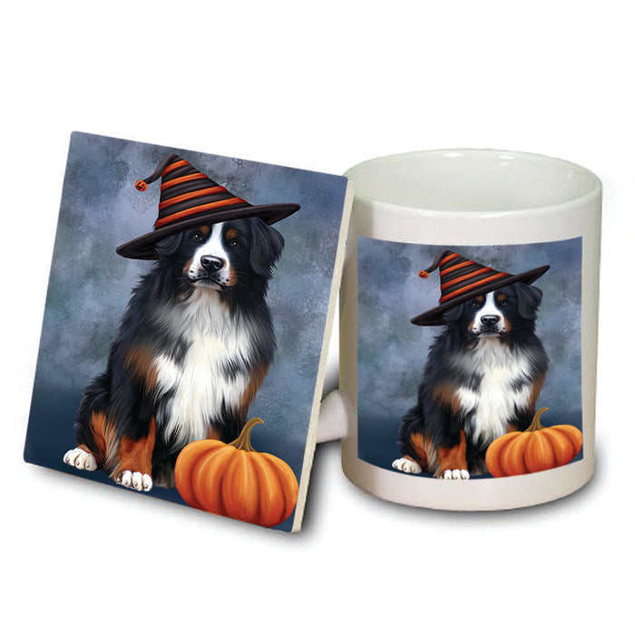 Happy Halloween Bernese Mountain Dog Wearing Witch Hat with Pumpkin Mug and Coaster Set MUC54924