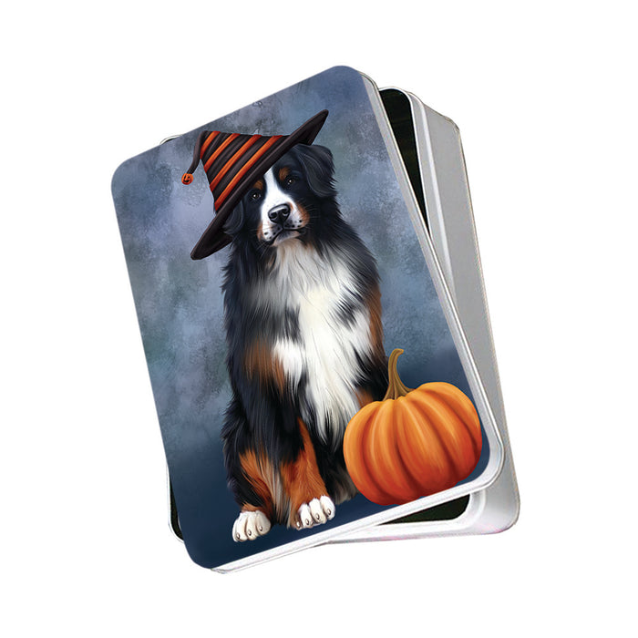 Happy Halloween Bernese Mountain Dog Wearing Witch Hat with Pumpkin Photo Storage Tin PITN54875