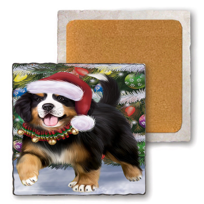 Trotting in the Snow Bernese Mountain Dog Set of 4 Natural Stone Marble Tile Coasters MCST50416