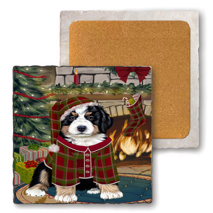 The Stocking was Hung Bernese Mountain Dog Set of 4 Natural Stone Marble Tile Coasters MCST50208
