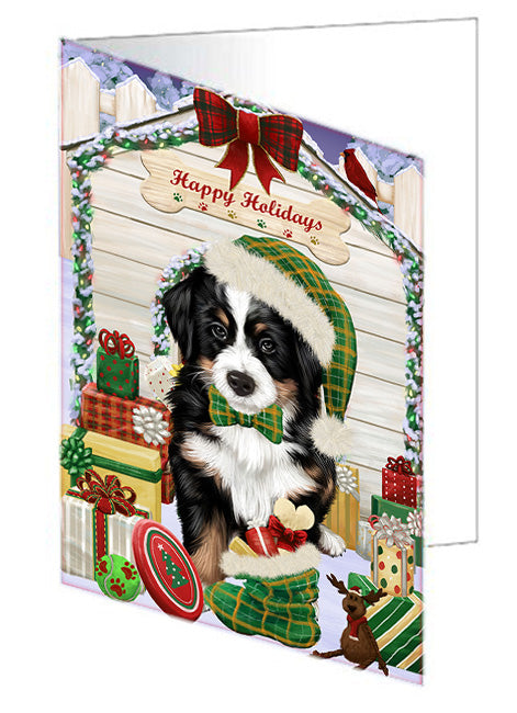 Happy Holidays Christmas Bernese Mountain Dog House with Presents Handmade Artwork Assorted Pets Greeting Cards and Note Cards with Envelopes for All Occasions and Holiday Seasons GCD58037