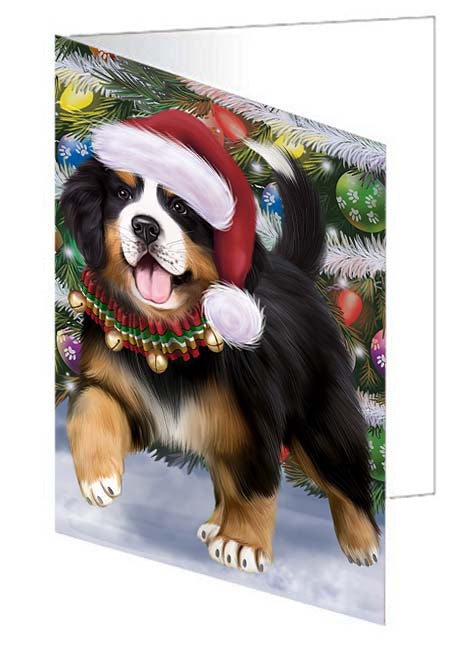 Trotting in the Snow Bernese Mountain Dog Handmade Artwork Assorted Pets Greeting Cards and Note Cards with Envelopes for All Occasions and Holiday Seasons GCD70763
