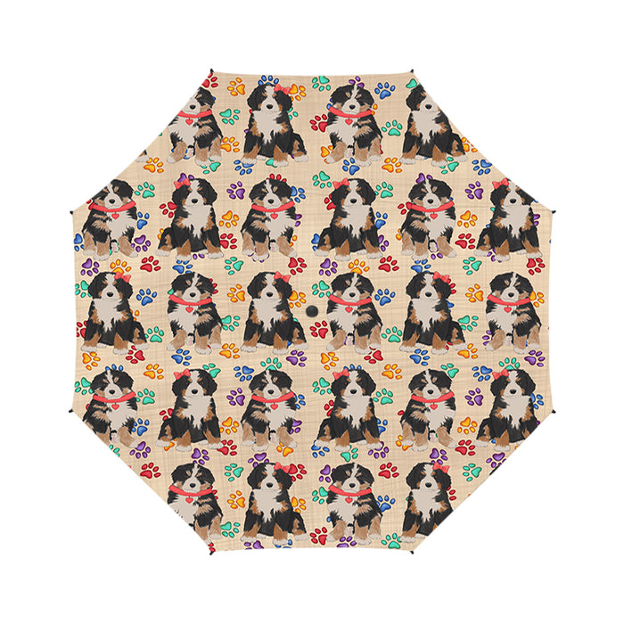 Rainbow Paw Print Bernese Mountain Dogs Red Semi-Automatic Foldable Umbrella