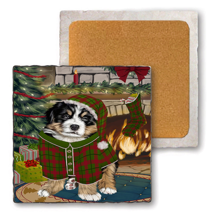 The Stocking was Hung Bernese Mountain Dog Set of 4 Natural Stone Marble Tile Coasters MCST50209