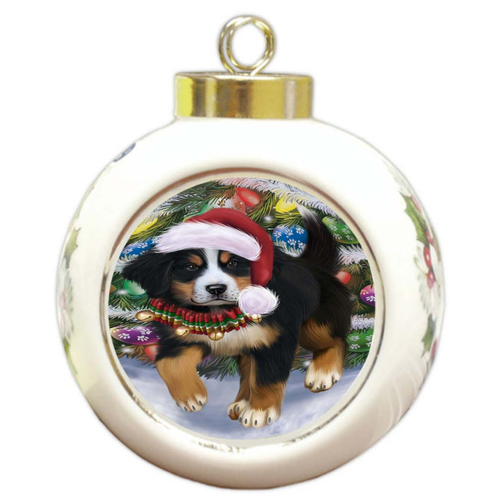 Trotting in the Snow Bernese Mountain Dog Round Ball Christmas Ornament RBPOR55773