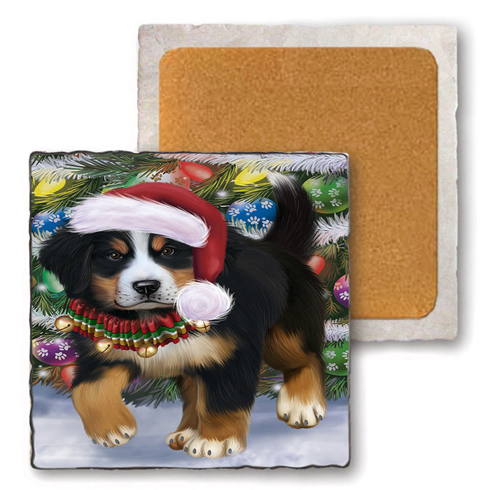 Trotting in the Snow Bernese Mountain Dog Set of 4 Natural Stone Marble Tile Coasters MCST50417