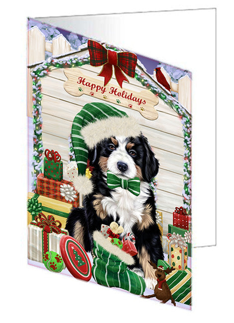 Happy Holidays Christmas Bernese Mountain Dog House with Presents Handmade Artwork Assorted Pets Greeting Cards and Note Cards with Envelopes for All Occasions and Holiday Seasons GCD58040