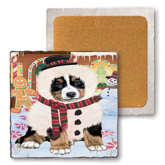 Christmas Gingerbread House Candyfest Bernese Mountain Dog Set of 4 Natural Stone Marble Tile Coasters MCST51180