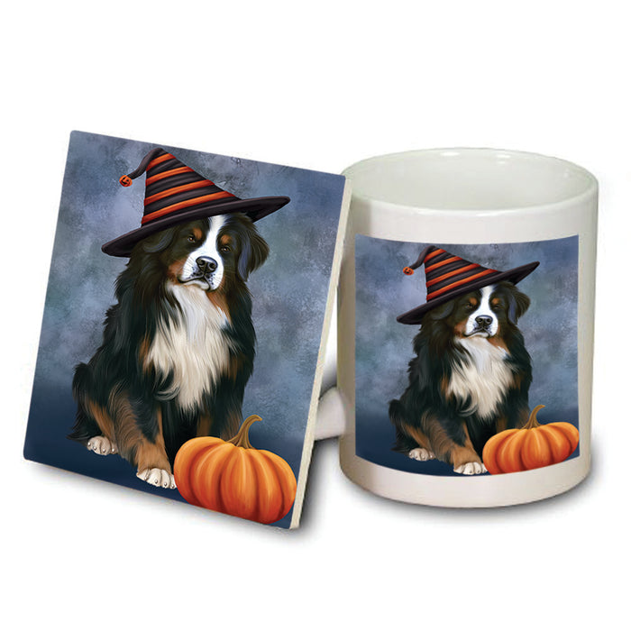 Happy Halloween Bernese Mountain Dog Wearing Witch Hat with Pumpkin Mug and Coaster Set MUC54925