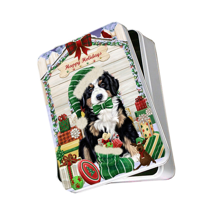 Happy Holidays Christmas Bernese Mountain Dog House with Presents Photo Storage Tin PITN51337
