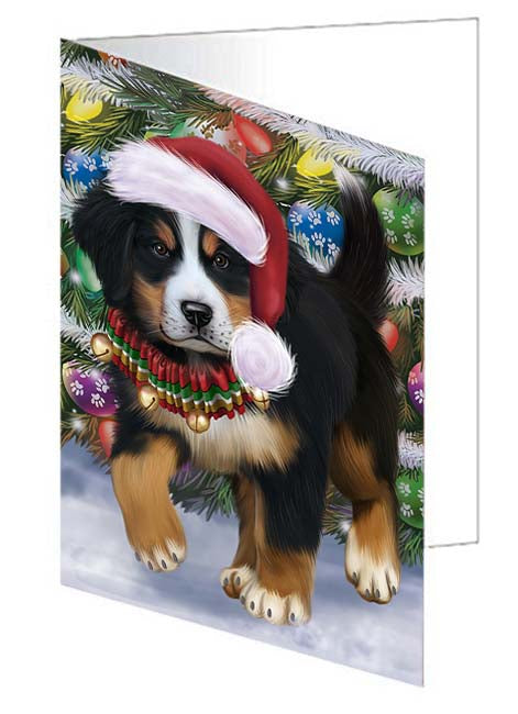 Trotting in the Snow Bernese Mountain Dog Handmade Artwork Assorted Pets Greeting Cards and Note Cards with Envelopes for All Occasions and Holiday Seasons GCD70766